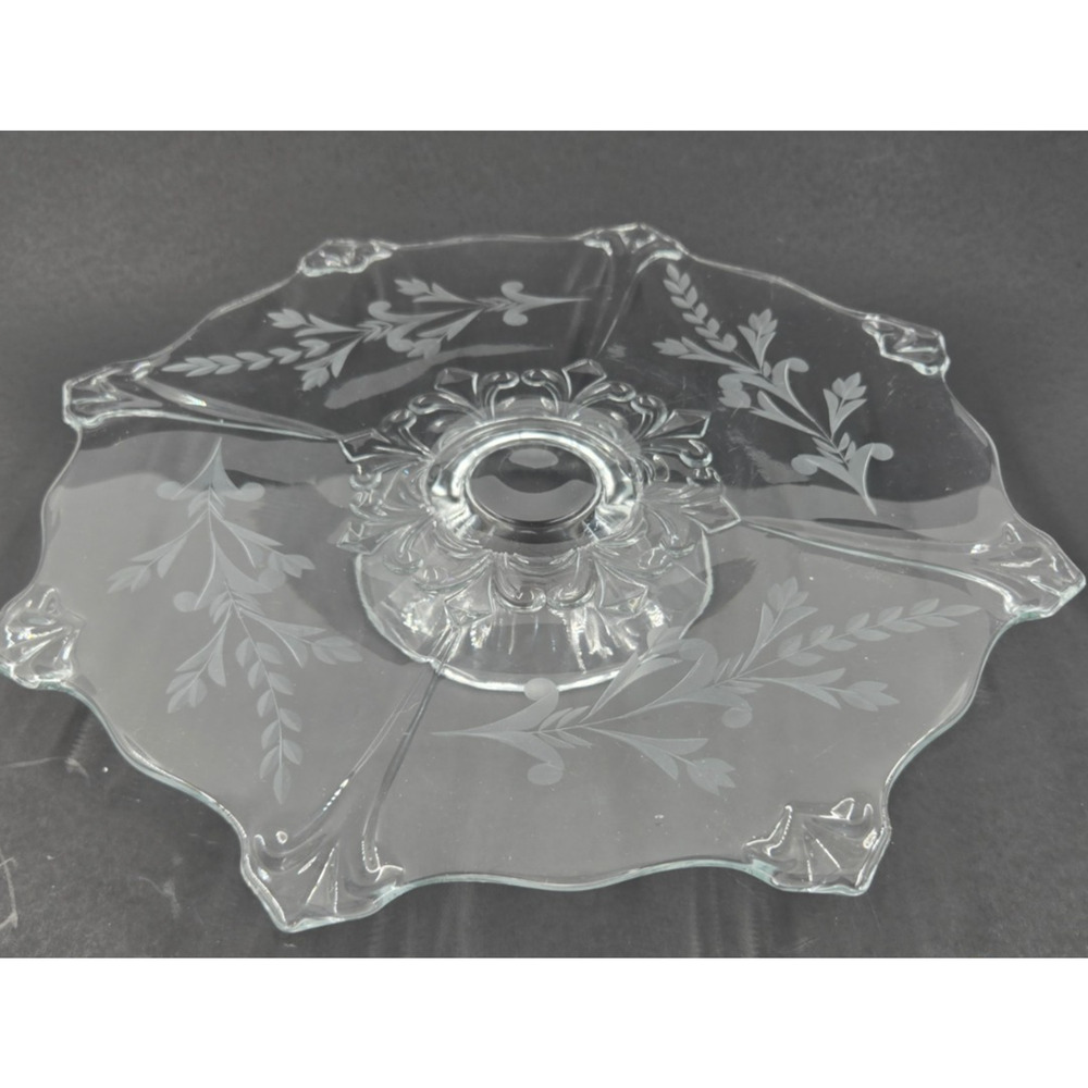 Lg Glass Pedestal Cake Stand Muffin Cookies Etched Pattern Footed